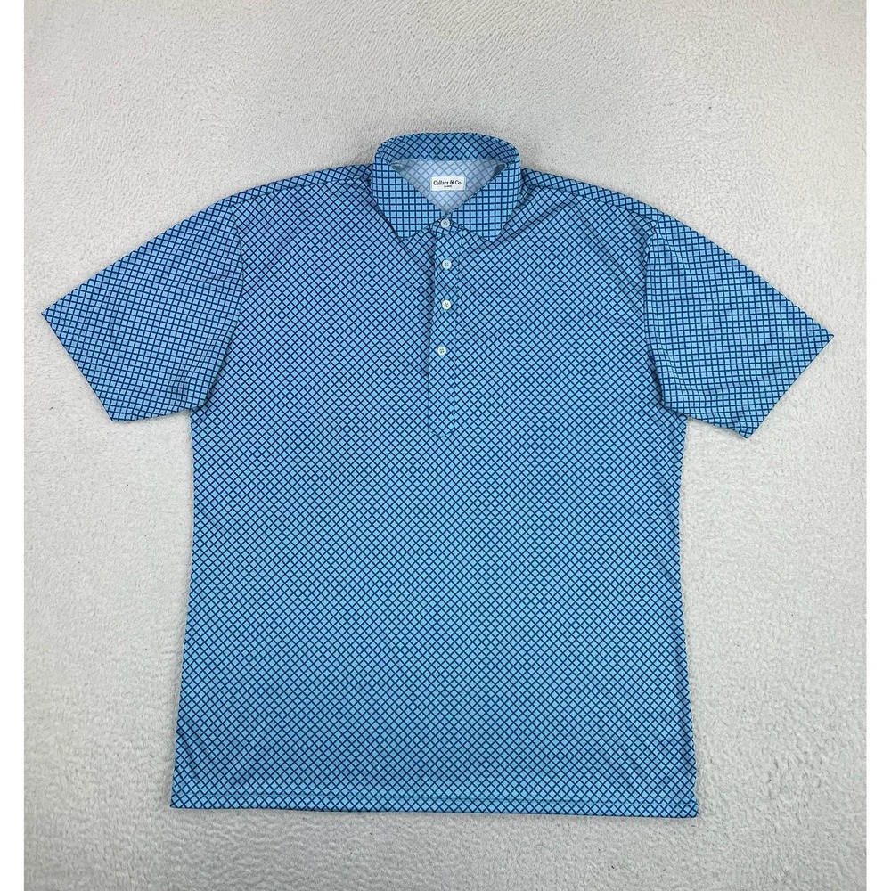 Collars & Co. Polo Shirt Mens XL Blue Check Dress Collar Polyester Short Sleeve